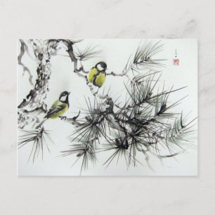 Cartão Postal Mésanges aquarelle chinoise