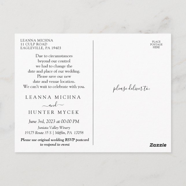 Cartão Postal Mesma Ama Novo Plano Casamento Alterar a Data Cart (Verso)