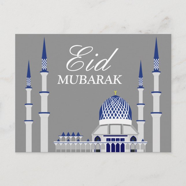 Cartão Postal Mesquita azul e branca elegante Eid Mubarak (Frente)