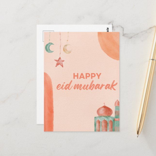 Cartão Postal Mesquita de Aquarela de Eid Mubarak (Frente/Verso In Situ)