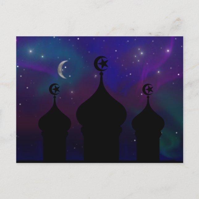 Cartão Postal Mesquita Ramadã com Céu Noturno Mágico (Frente)