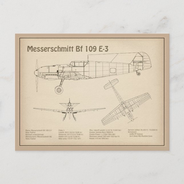 Cartão Postal Messerschmitt Bf 109 - Airplane Blueprint SD (Frente)
