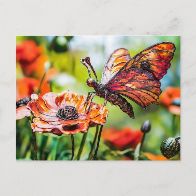 Cartão Postal Metal Butterfly on Poppy flower (Frente)