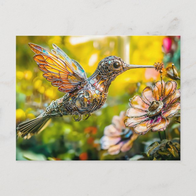 Cartão Postal Metal Hummingbird in Flight on flower (Frente)