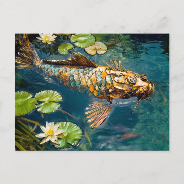 Cartão Postal Metal Koi in Pond and water lilith (Frente)