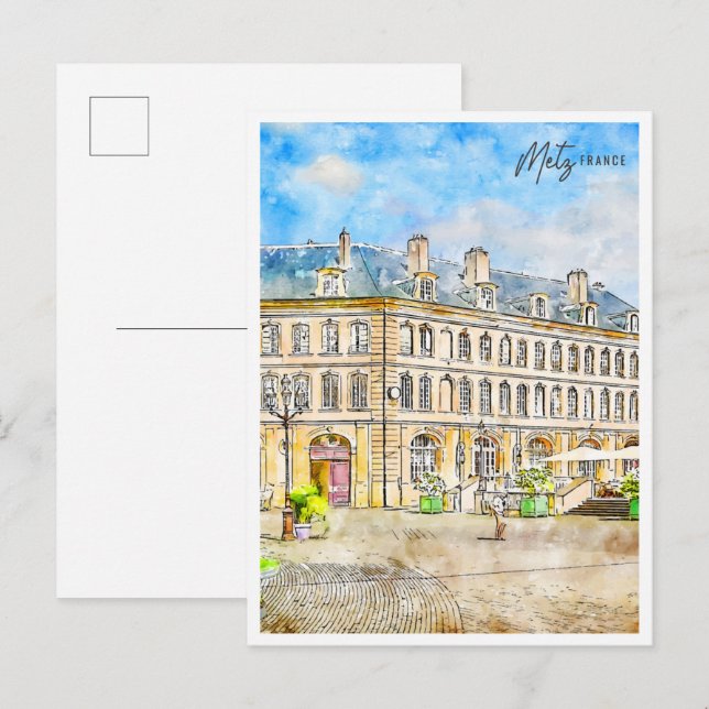 Cartão Postal Metz France - viagens vintage aquarela (Frente/Verso)
