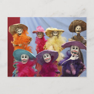 Cartão Postal México. Catrinas esqueléticas, figuras celebrando