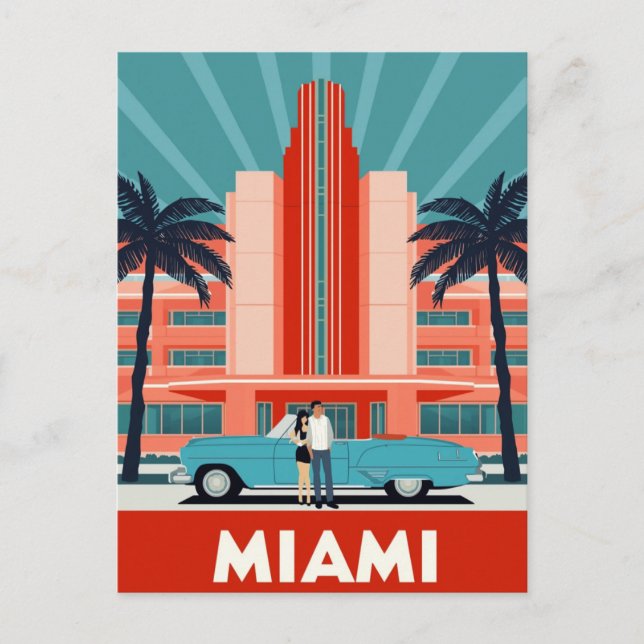 Cartão Postal Miami Art Deco South Beach Retro Car (Frente)
