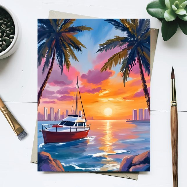 Cartão Postal Miami Beach Boat Bay Sunset Watercolor Painting (Criador carregado)