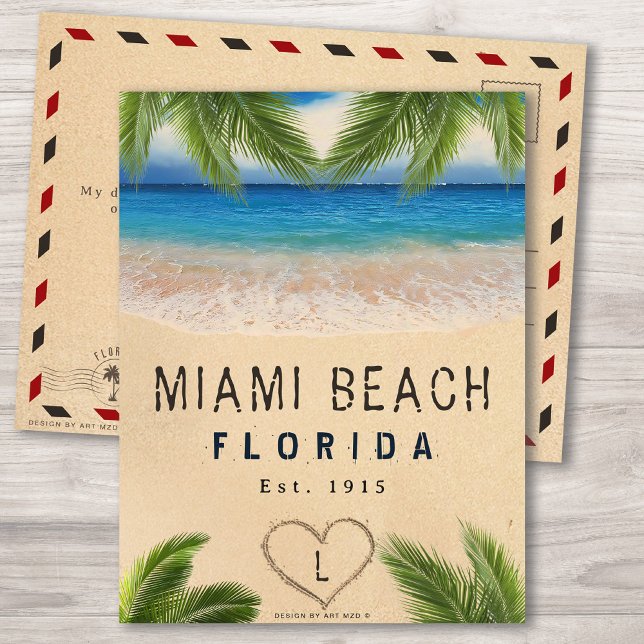 Cartão Postal Miami Beach Flórida Areia Folhas Tropicais de Palm (Criador carregado)