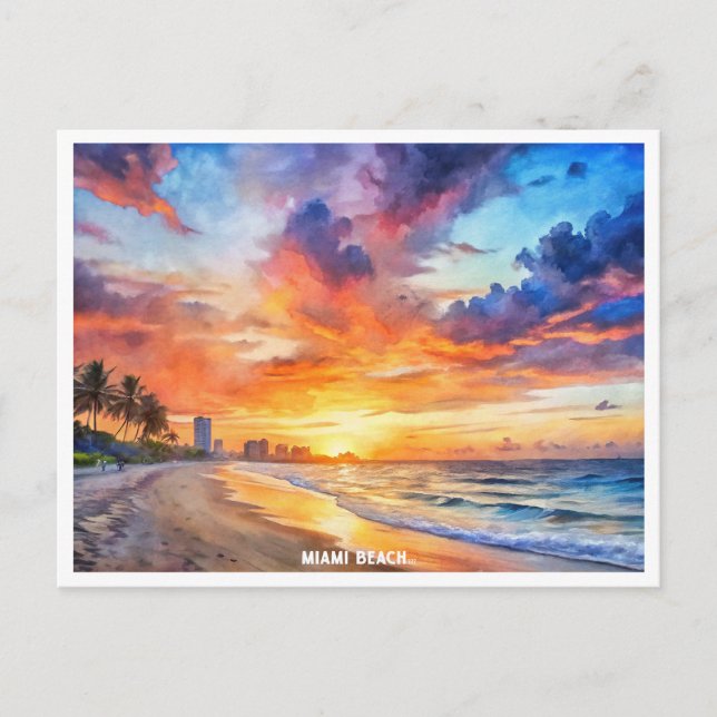 Cartão Postal Miami Beach, pintura de aquarela na Flórida (Frente)