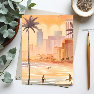 Cartão Postal Miami Sunrise Pintura do Horizonte em Aquarela A