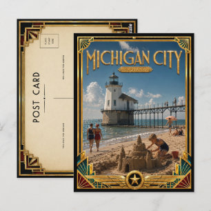 Cartão Postal Michigan City Indiana Arte Antiga Deco Idade Doura
