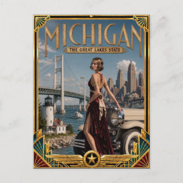 Cartão Postal Michigan Vintage Art Deco Era de Ouro