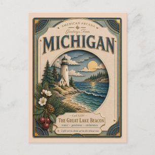 Cartão Postal Michigan Vintage Paper Cut American Arcana