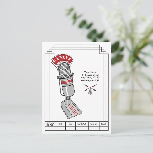 Cartão Postal Microfone e Transmissor Art Deco QSL (Em pé/Frente)