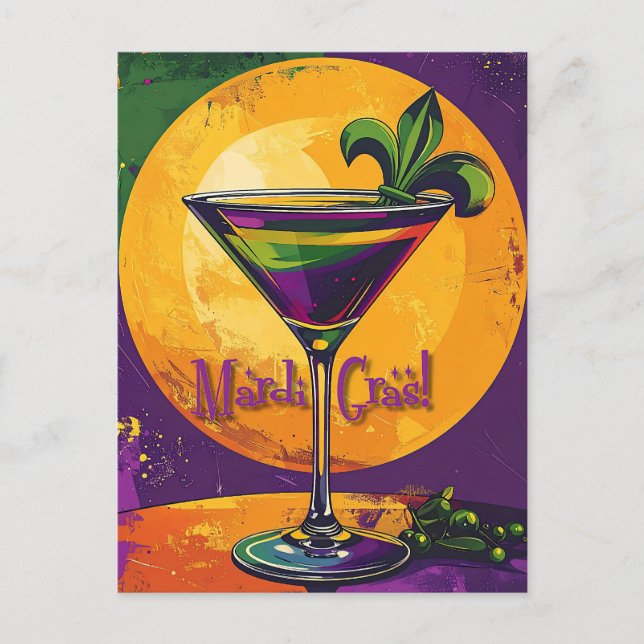 Cartão Postal Mid Century Mardi Gras Sunset Fleur De Lis Martini (Frente)
