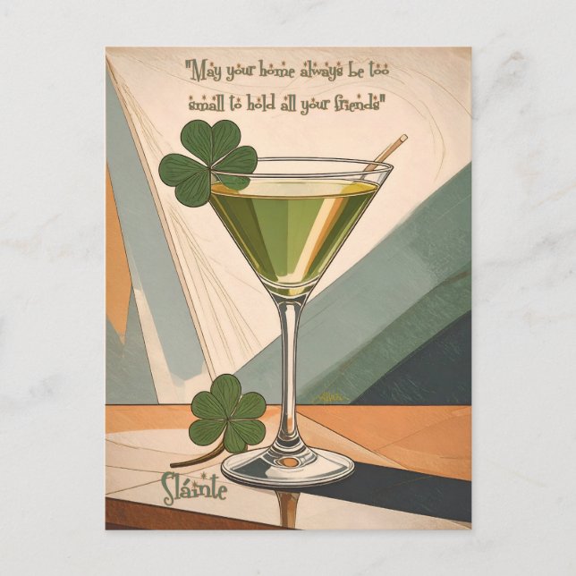 Cartão Postal Mid Century Modern Art Shamrock Martini Sláinte!  (Frente)