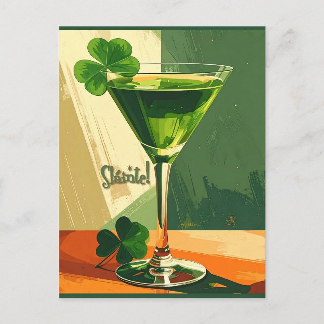 Cartão Postal Mid Century Modern Shamrock Martini Sláinte!  (Frente)