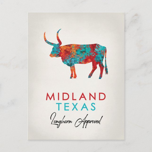Cartão Postal Midland Texas Colorful Longhorn (Frente)