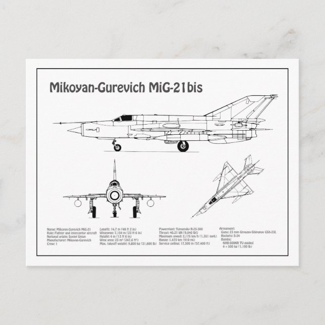 Cartão Postal MiG-21 bis - Planos de Blueprint do avião BD (Frente)