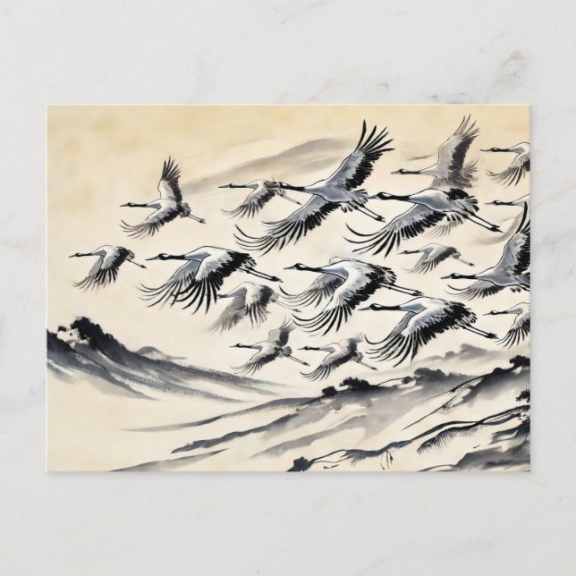 Cartão Postal Migração De Crane Sobre Montanhas De Tinta Chinesa (Frente)