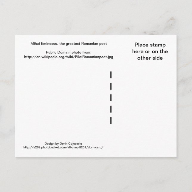 Cartão Postal Mihai Eminescu, o maior poeta romeno (Frente)