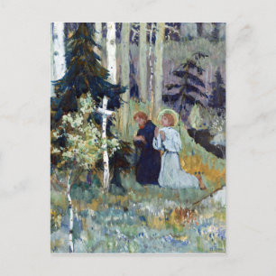 Cartão Postal Mikhail Nesterov, a fundação da Trinidade Sergiu