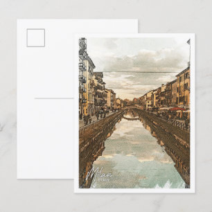 Cartão Postal Milão Itália Belo Lápis Cor Paisagem Urbana