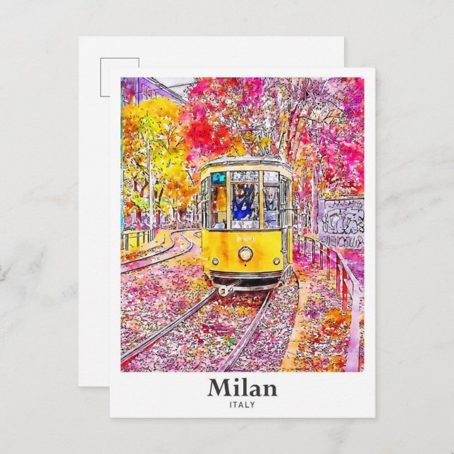 Cartão Postal Milão Itália Viagem Watercolor, Desenhado (Frente/Verso)