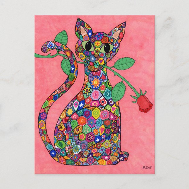 Cartão Postal Millefiori Cat com Rosa vermelha (Frente)