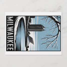 Cartão Postal Milwaukee Skyline Black and White Woodcut Winter