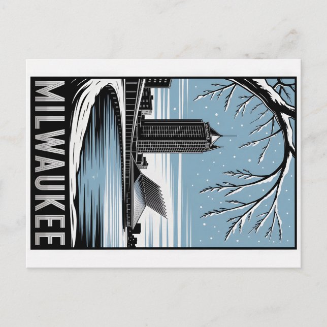 Cartão Postal Milwaukee Skyline Black and White Woodcut Winter (Frente)