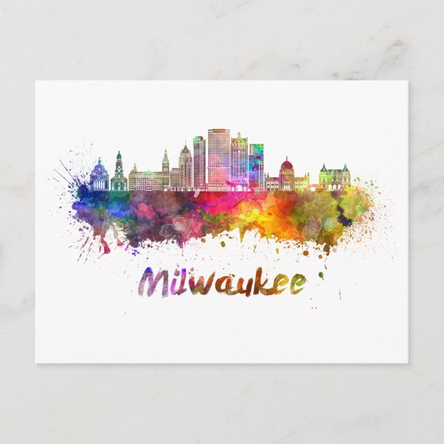 Cartão Postal Milwaukee V2 skyline em aquarela (Frente)