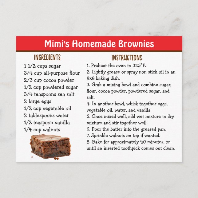 Cartão Postal Mimi's Brownies Recipe Card (Frente)