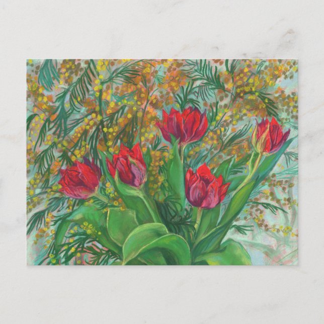 Cartão Postal Mimosa e Tulipas, Flores de primavera, Pintura Flo (Frente)