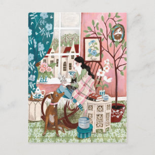 Cartão Postal Mindful rosa aconchegante fique em casa lendo ilus
