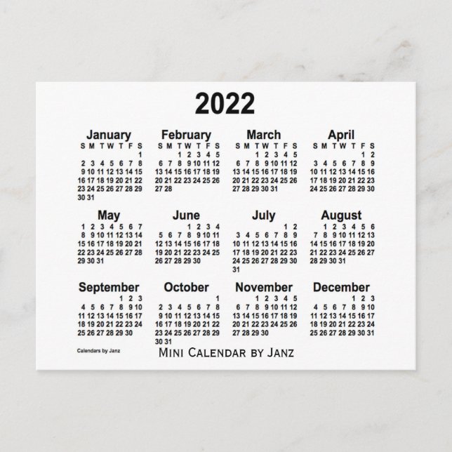 Cartão Postal Mini calendário 2022 branco por Janz (Frente)