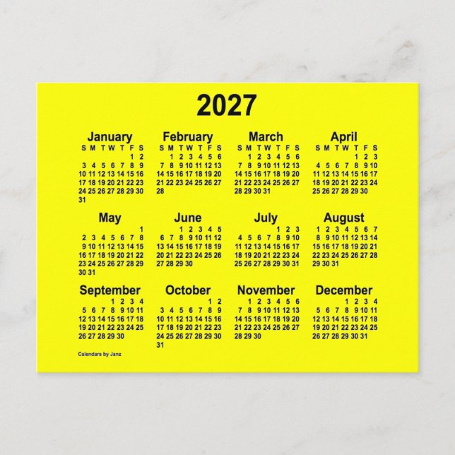 Cartão Postal Mini calendário amarelo 2027 por Janz (Frente)