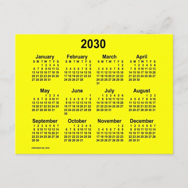 Cartão Postal Mini calendário amarelo 2030 por Janz (Frente)