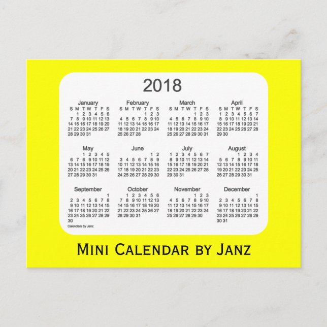 Cartão Postal Mini calendário amarelo de 2018 por Janz (Frente)