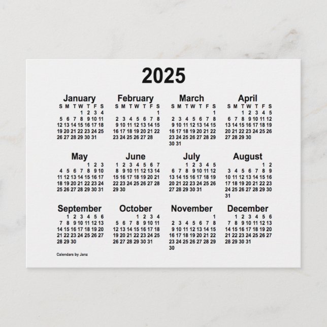 Cartão Postal Mini Calendário Branco 2025 da Janz (Frente)