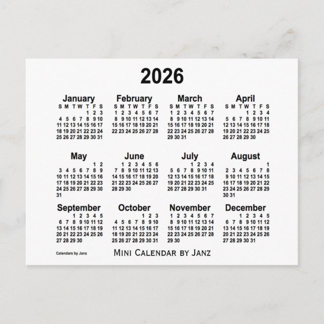 Cartão Postal Mini calendário branco 2026 por Janz (Frente)
