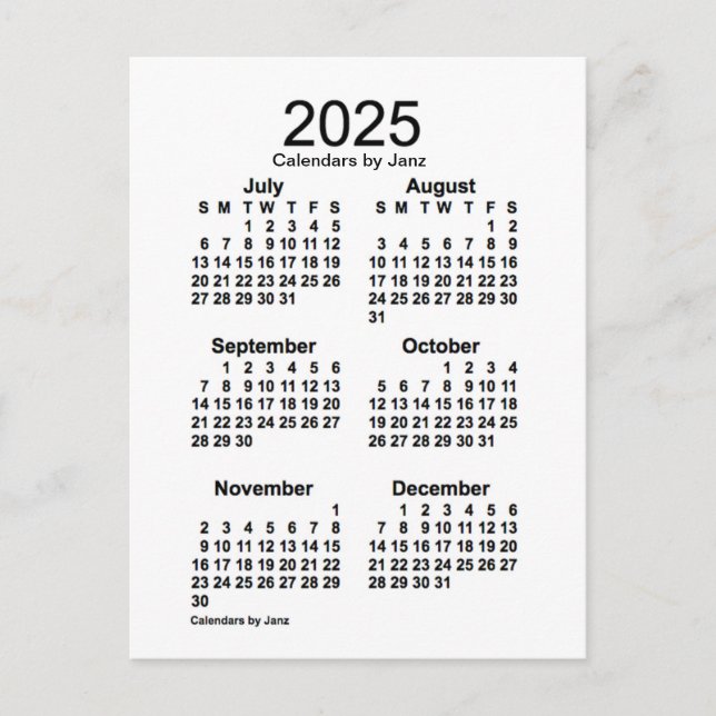 Cartão Postal Mini Calendário Branco de 6 Meses de 2025 por Janz (Frente)