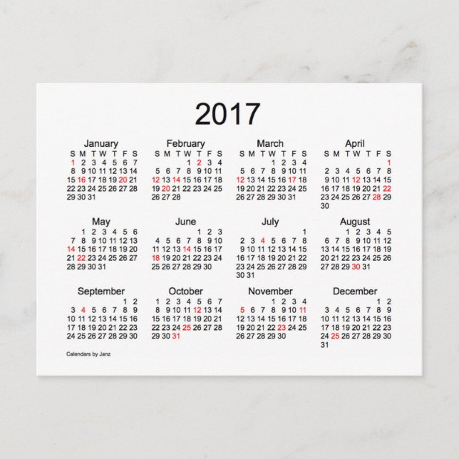 Cartão Postal Mini calendário de 2017 por Janz com feriados (Frente)