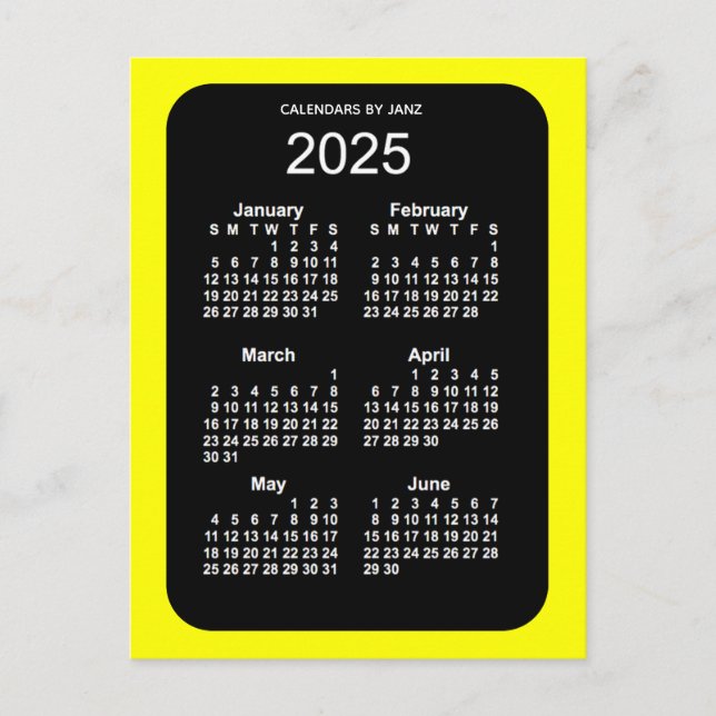 Cartão Postal Mini calendário de 2025 Neon Amarelo 6 meses por J (Frente)