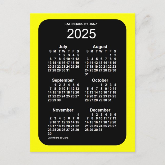 Cartão Postal Mini calendário de 2025 Neon Amarelo 6 meses por J (Frente)