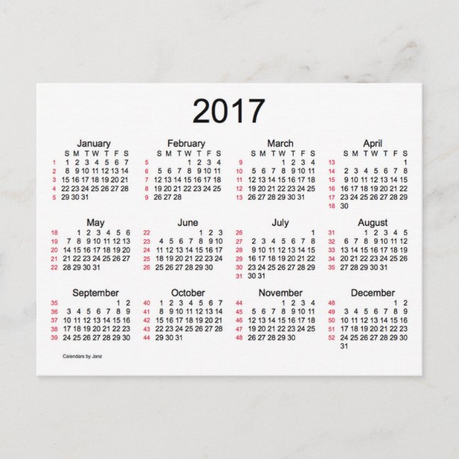 Cartão Postal Mini calendário de 52 semanas de 2017 por Janz (Frente)