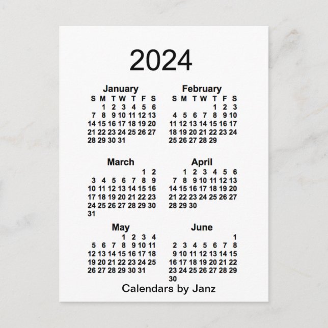 Cartão Postal Mini calendário de 6 meses branco 2024 por Janz (Frente)