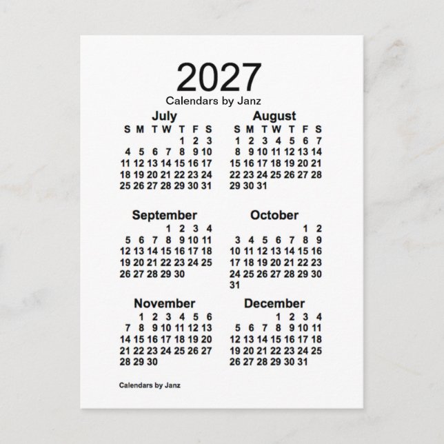 Cartão Postal Mini calendário de 6 meses branco 2027 por Janz (Frente)